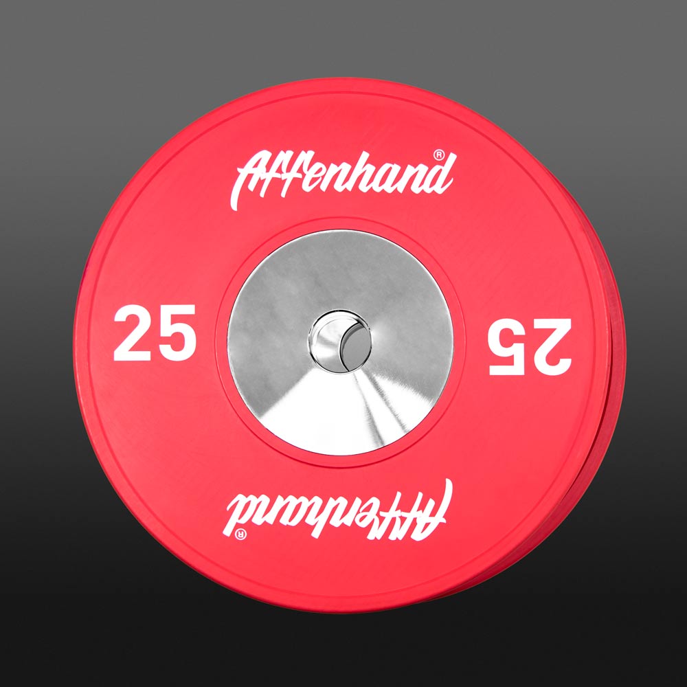 Kräftige rote 25 kg Affenhand® Competition Plate, kontrastreich auf Schwarz.